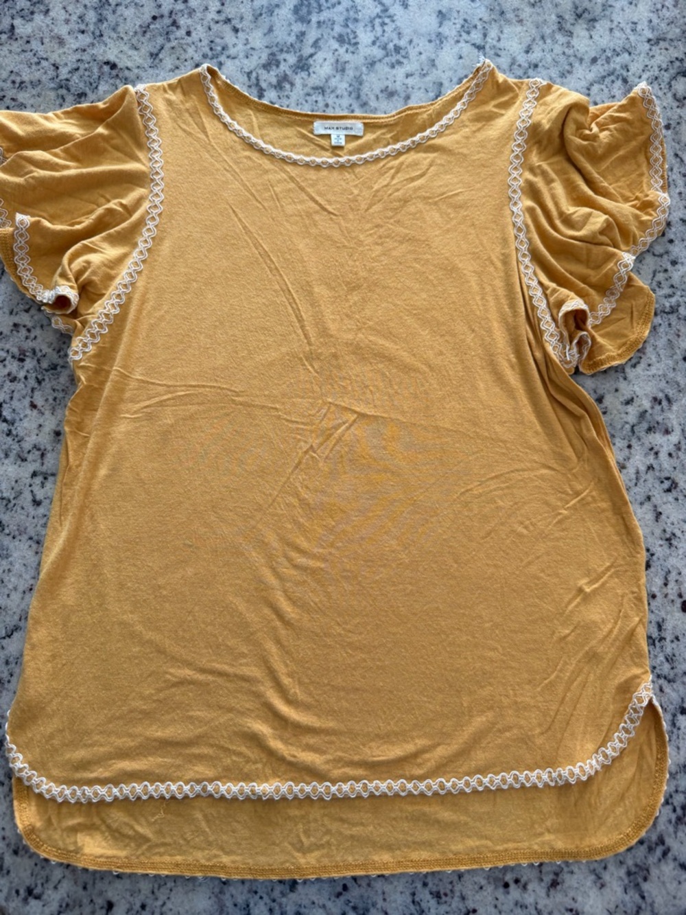 Universal Thread Mustard Flutter Sleeve Top with White Crochet Trim Size M